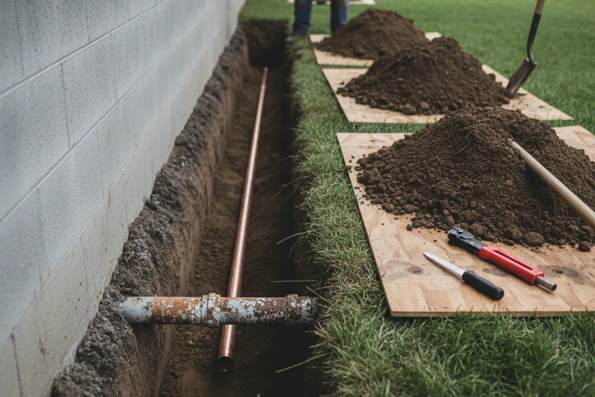 Excavated water line trench during Water Heater Repair in Denniston